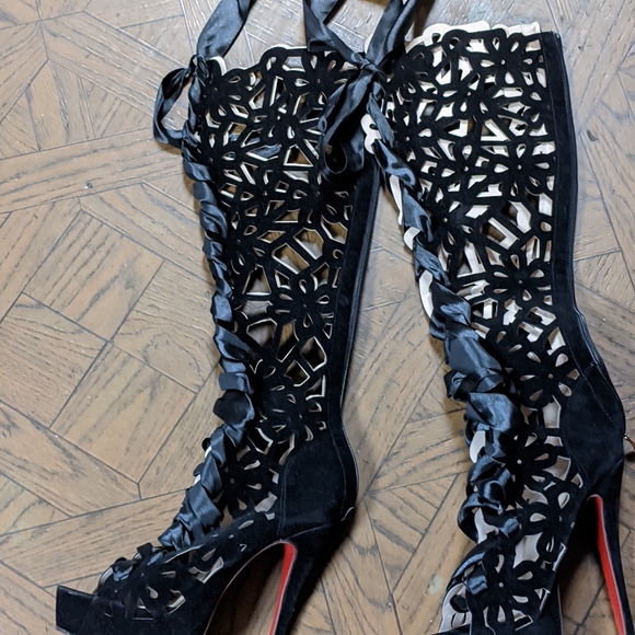 Ladies awesome lattice satin red bottom high heel boots - Picture 6 of 9